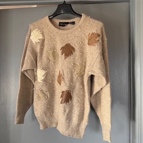 Tan Silk/angora/wool Blend Sweater sz M Faux Leather Leaves Crew Neck Beaded - Picture 1 of 6